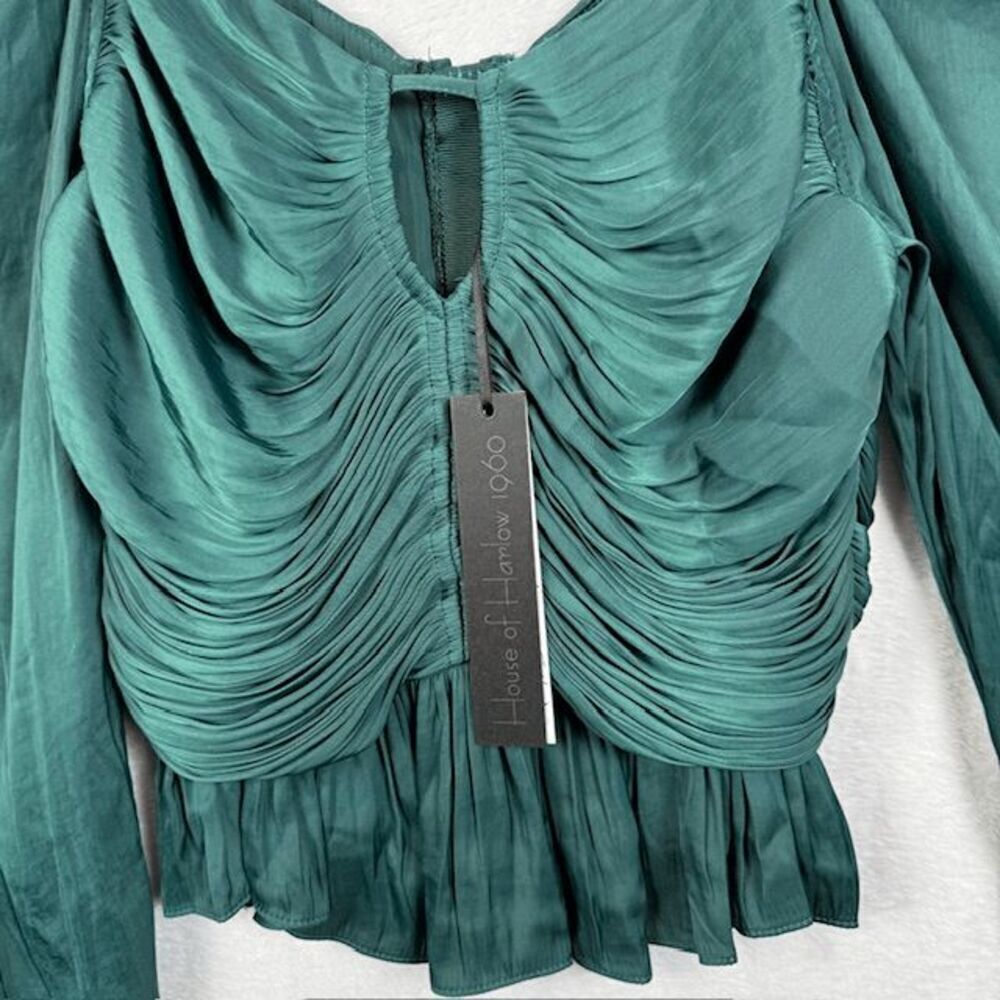 NWT House of Harlow Emerald Green Ruched Balloon Sleeve Cropped Blouse Size XS - Picture 2 of 12